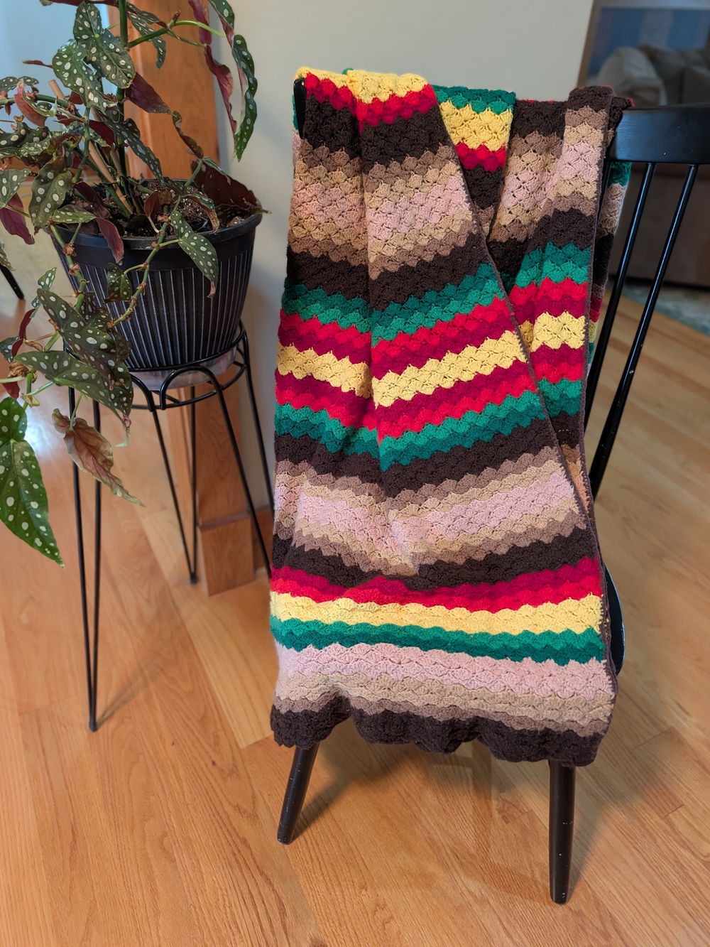 Handmade Striped Crochet Throw Blanket in Multicolor Browns, Green & Red